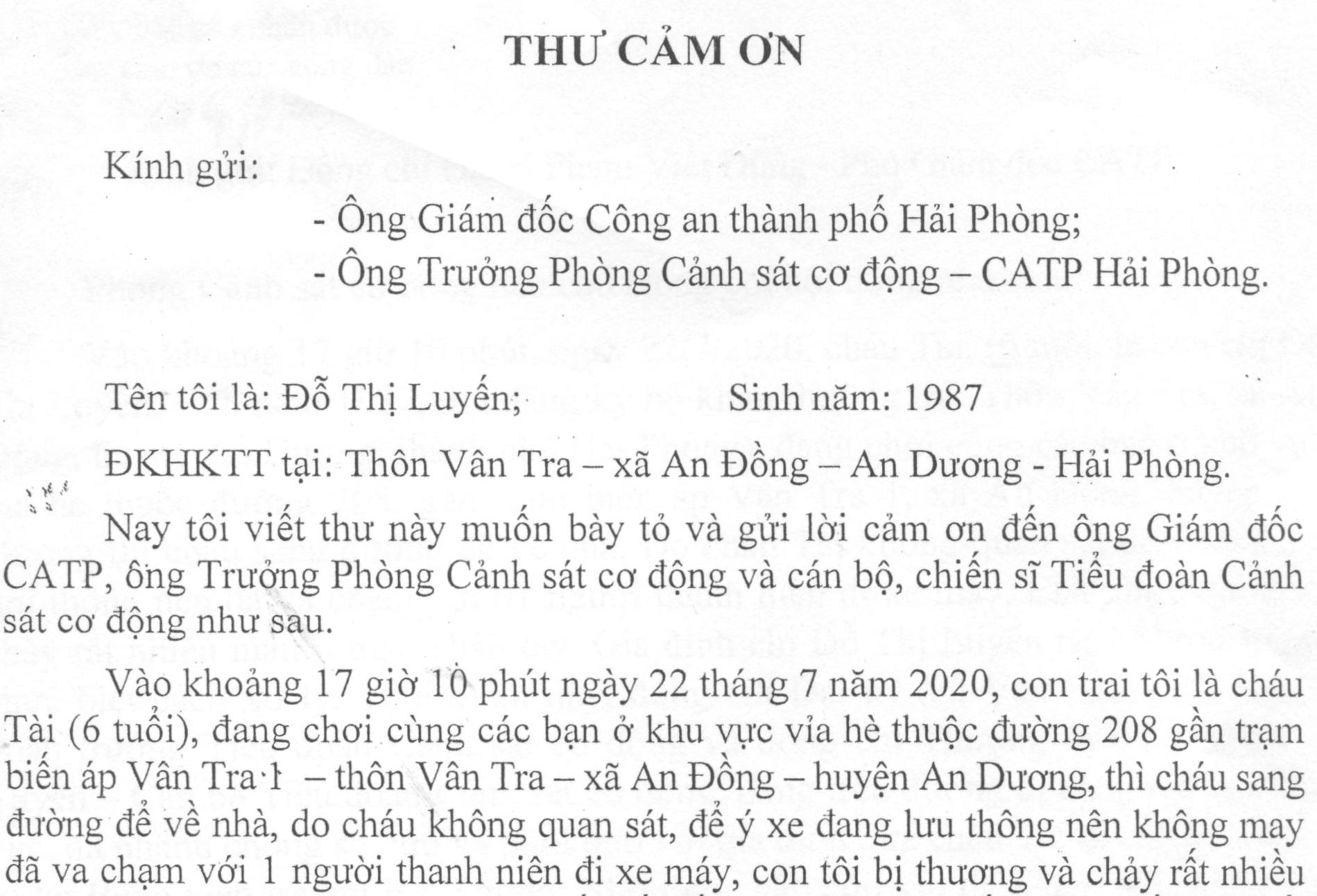 Người dân cảm ơn Phòng Cảnh sát cơ động và cán bộ, chiến sĩ Tiểu đoàn Cảnh sát cơ động sơ cứu con bị thương